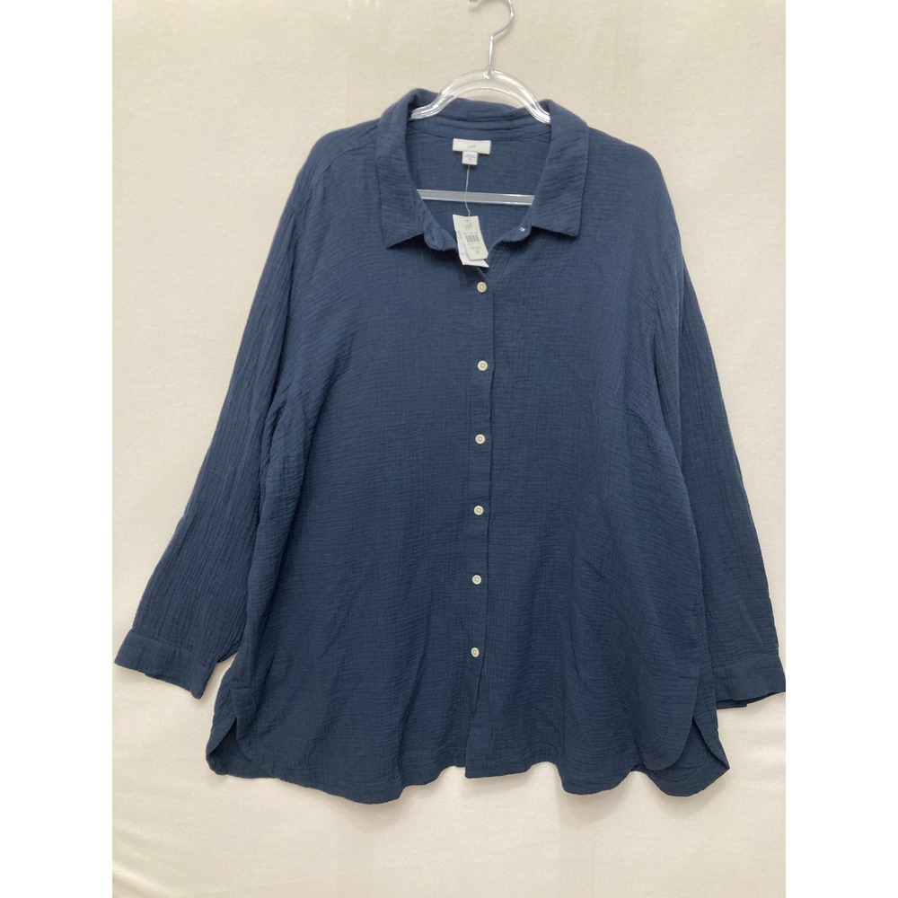 New J. Jill Button Down Shirt 3X Navy Double Gauzy Cotton Double Long Sleeve